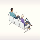 Illustration of a man and woman sitting in waiting room chairs, reading print and digital media, in isometric view.