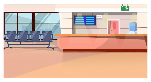 ilustrações de stock, clip art, desenhos animados e ícones de waiting room with counter in airport vector illustration - airport lounge business