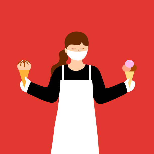 ilustraciones, imágenes clip art, dibujos animados e iconos de stock de camarera con una máscara y guantes y sirviendo a los huéspedes de la cafetería ice cream. aplicación de medidas de seguridad (covid-19 o coronavirus). - ice cream truck