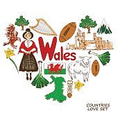Colorful sketch collection of Wales symbols. Heart shape concept. Travel background