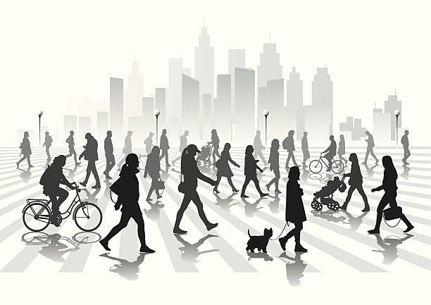Walking people Walking people in city city silhouettes stock illustrations