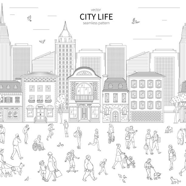 ilustrações de stock, clip art, desenhos animados e ícones de walking urban crowd on street and building in city seamless pattern. children and adults in various situations line art style vector black white illustration background. - wheelchair street