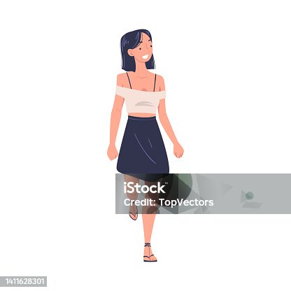 istock Walking Woman Character Strolling in the Street and Smiling Vector Illustration 1411628301
