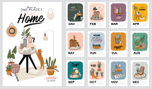 Wall calendar. 2020 Yearly Planner with all Months. Wall calendar. 2020 Yearly Planner with all Months. Good school Organizer and Schedule. Cute home interior background. Motivational quote lettering. Flat vector illustration in trendy style hygge stock illustrations