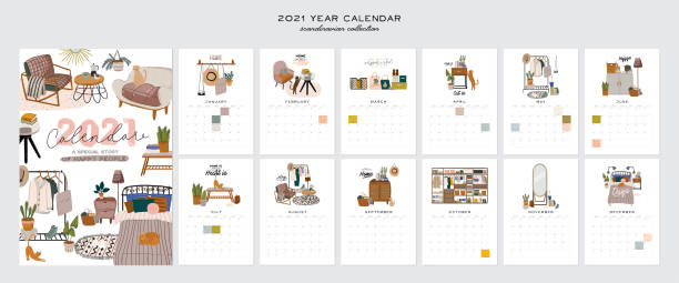 Wall calendar. 2021 Yearly Planner with all Months. Good school Organizer and Schedule. Wall calendar. 2021 Yearly Planner with all Months. Good school Organizer and Schedule. Cute home interior background. Motivational quote lettering. Flat vector illustration in trendy style monthly event stock illustrations