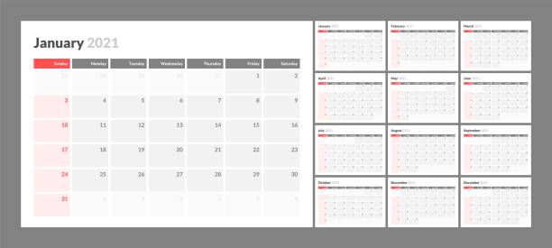 Wall calendar for 2021 year in clean minimal style. Corporate design planner template. Week Starts on Sunday. Set of 12 Months. Wall calendar for 2021 year in clean minimal style. Corporate design planner template. Week Starts on Sunday. Set of 12 Months. Ready for print. monthly event stock illustrations
