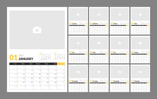 Wall calendar template for 2021 year. Planner diary in a minimalist style. Week Starts on Sunday. Monthly calendar. Wall calendar template for 2021 year. Planner diary in a minimalist style with Place for Photo. Week Starts on Sunday. Monthly calendar ready for print. calendars templates stock illustrations