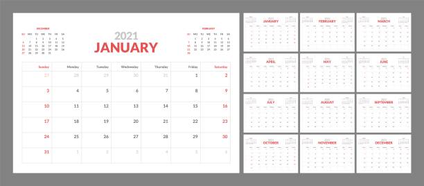 Wall calendar template for 2021 year. Planner diary in a minimalist style. Week Starts on Sunday. Monthly calendar. Wall calendar template for 2021 year. Planner diary in a minimalist style. Week Starts on Sunday. Monthly calendar ready for print. monthly event stock illustrations