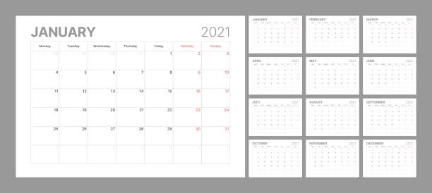 Wall calendar template for 2021 year. Planner diary in a minimalist style. Week Starts on Monday. Set of 12 Months. Wall calendar template for 2021 year. Planner diary in a minimalist style. Week Starts on Monday. Set of 12 Months. Ready for print. monthly event stock illustrations