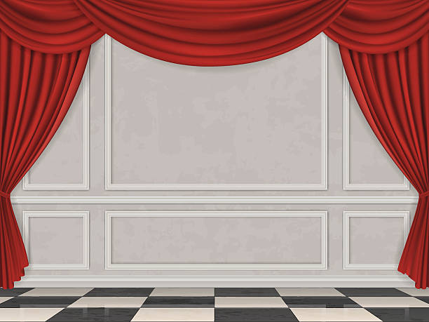 Wall decorated moulding panels checkered floor and red curtain Wall decorated moulding panels, checkered floor and red curtain. Vector interior background. chess borders stock illustrations