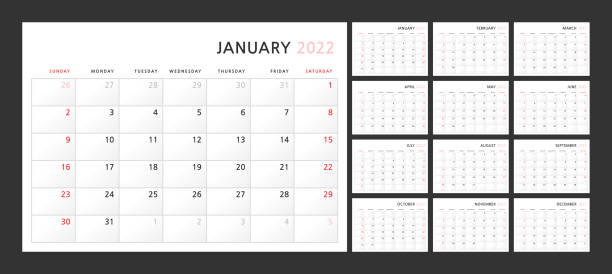 Wall quarterly calendar template for 2022 in a classic minimalist style. Week starts on Sunday. Ready to print Wall quarterly calendar template for 2022 in a classic minimalist style. Week starts on Sunday. Set of 12 months. Corporate Planner Template. A4 format horizontal. Ready to print. Vector illustration monthly event stock illustrations