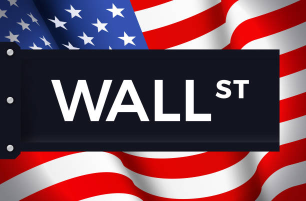 Wall Street Wall street street sign with American flag background concept illustration. nyse stock illustrations