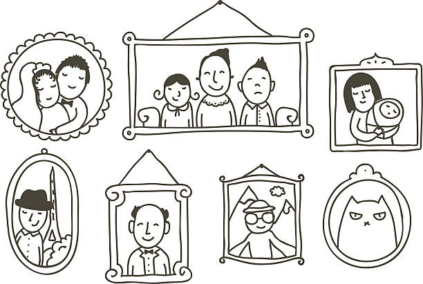 Wall with framed photos Cartoon of framed family photos on a wall family borders stock illustrations