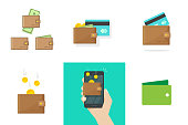 Wallet vector set with credit bank card, money coins savings or income and mobile cell phone digital electronic technology person hand flat cartoon and shape silhouette icon pictogram isolated image