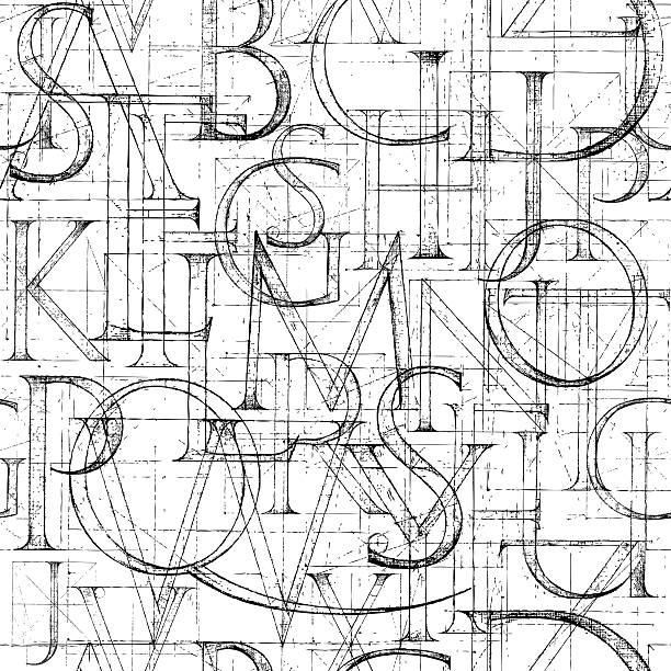 Wallpaper seamless pattern with Modern Roman Classic Alphabet Wallpaper seamless pattern with Modern Roman Classic Alphabet. Method of Geometrical Construction for Large Letters. Hand drawn construction sketch of ABC letters in old fashion vintage style. writing activity backgrounds stock illustrations