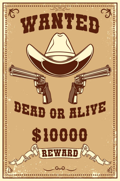 Wanted. Poster with cowboy revolvers and hat on grunge background. Vector illustration Wanted. Poster with cowboy revolvers and hat on grunge background. Vector illustration cowboy hat template stock illustrations