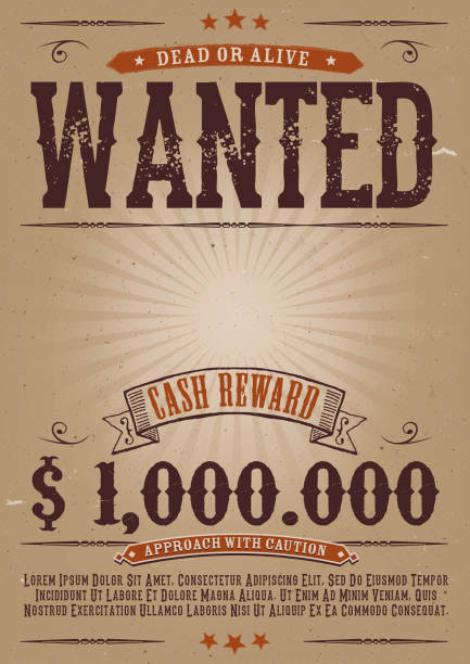 Wanted Vintage Western Poster Vector illustration of a vintage old elegant wanted placard poster template, with dead or alive inscription, money cash reward as in western movies. File is EPS10 and uses multiply transparency at 100% on gradient mesh frame background layers, grunge frame, stains, dirt effects and wanted texts, and overlay transparency on grunge texture upon wanted text. Vector eps and high resolution jpeg files included desire stock illustrations
