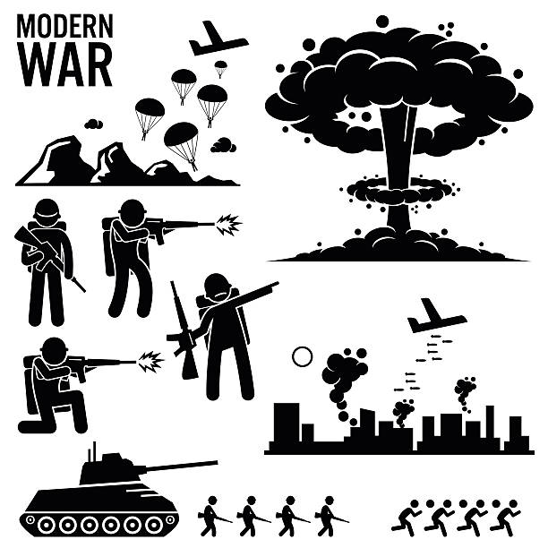 War Modern Warfare Nuclear Bomb Soldier Tank Attack Cliparts Set of human pictogram representing the modern world war. Army soldier is parachuting down from aircraft. Bomber is bombing the city. Nuclear weapon explosion is used, together with infantry and tank. air attack stock illustrations