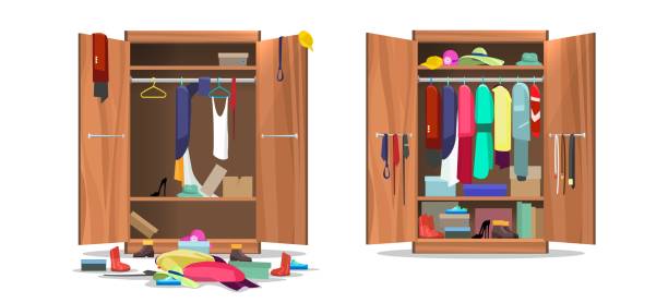ilustrações de stock, clip art, desenhos animados e ícones de wardrobe before and after organization - clothes wardrobe