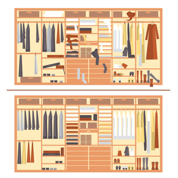 ilustrações de stock, clip art, desenhos animados e ícones de wardrobe before messy after tidy. clothes in the closet. - clothes wardrobe