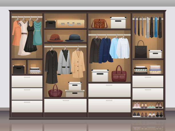 ilustrações de stock, clip art, desenhos animados e ícones de wardrobe cloakroom closet storage system - clothes wardrobe