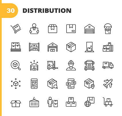 30 Warehouse and Distribution Outline Icons. Moving Package, Delivering Package, Package, Delivery, Distribution, Boxes on the Shelf, Warehouse, Packages, Looking for Package, Scanning Package, Barcode, Distribution Center, Delivery Truck, Forklift, Plane, Logistics, Inventory, Assembly Line, Loading Dock, Blue Collar Worker, Box, Warehouse Supervisor, Shipment.