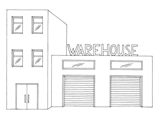 Warehouse exterior storage building front view graphic black white isolated sketch illustration vector Warehouse exterior storage building front view graphic black white isolated sketch illustration vector garage drawings stock illustrations