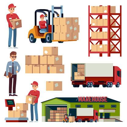 Warehouse flat elements. Logistic transportation and forklift, delivery cargo truck. Loader with boxes isolated vector cartoon set