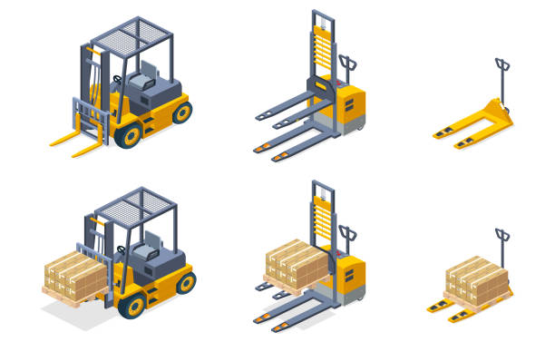 ilustrações de stock, clip art, desenhos animados e ícones de warehouse hydraulic machines isometric vector set - forklift