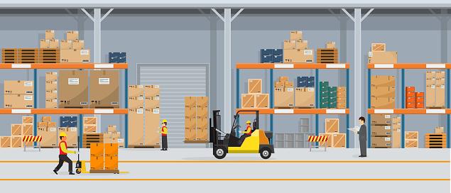 Warehouse Interior with Boxes On Rack And People Working. Flat vector and solid color style Logistic Delivery Service Concept illustration.