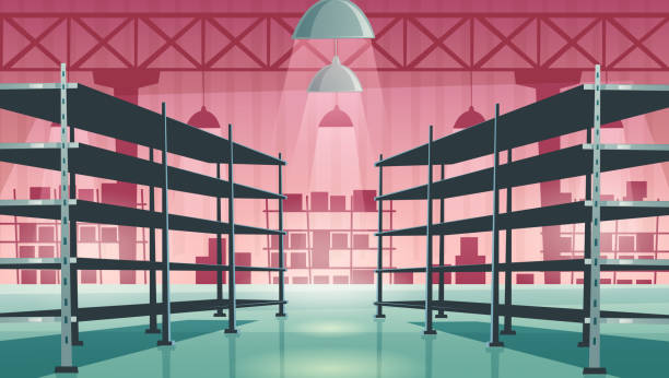 Warehouse interior with empty metal racks Warehouse interior with empty metal racks. Vector cartoon illustration of storage room interior with shelves for stock, cargo, goods. Storehouse in store, garage, market supermarket backgrounds stock illustrations