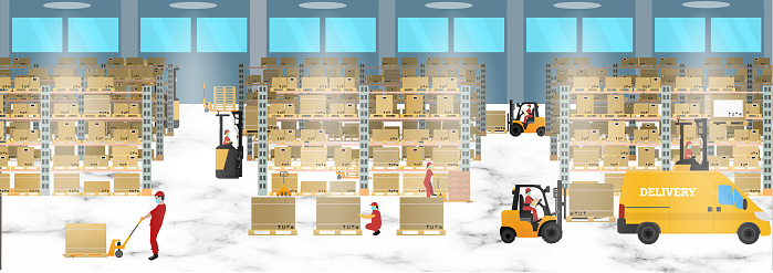 Warehouse interior with workers, racks, hydraulic trolley,forklift, pallet cargo, boxes. Delivery service concept, shipping. Horizontal banner. Stock vector illustration on beige isolated background.
