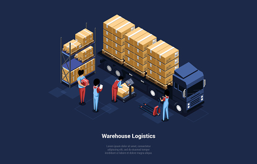 Warehouse Logistics Conceptual Vector Illustration In Cartoon 3D Style With Writing. Isometric Composition On Dark Background. Staff Of Four Men Loading Big Truck With Different Packages And Boxes