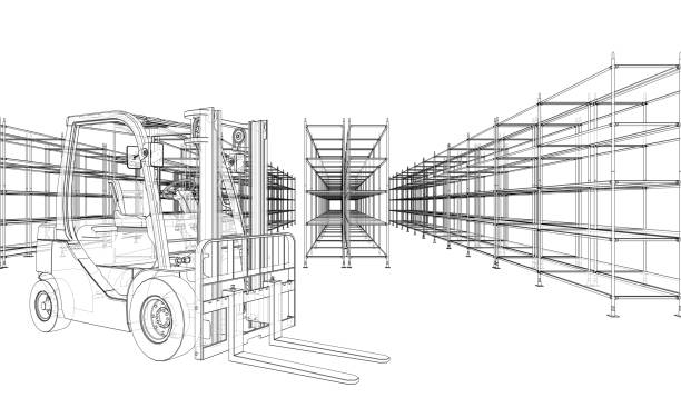 Warehouse shelves and forklift. Vector Warehouse shelves and forklift. Blueprint style. Vector rendering from 3D model factory drawings stock illustrations