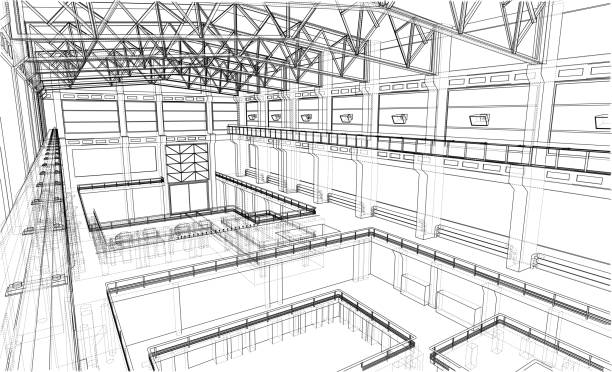 Warehouse sketch. Vector Warehouse sketch. Vector rendering of 3d. Wire-frame style. The layers of visible and invisible lines are separated factory drawings stock illustrations