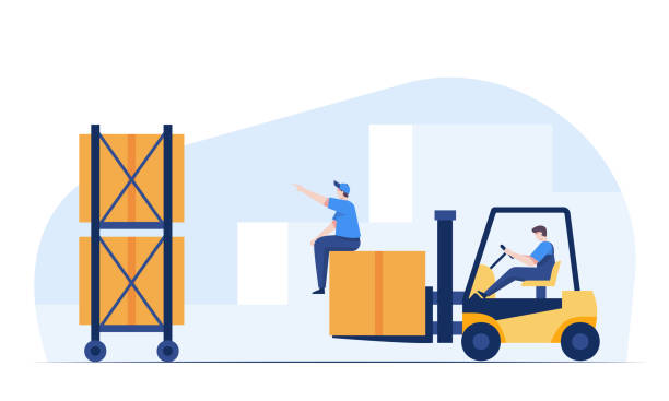 Warehouse staff wearing uniform Loading parcel box and checking product from warehouse. vector art illustration