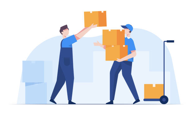 Warehouse staff wearing uniform Loading parcel box and checking product from warehouse. vector art illustration