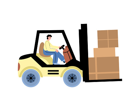 Warehouse worker driving forklift in vecrot flat illustration isolated
