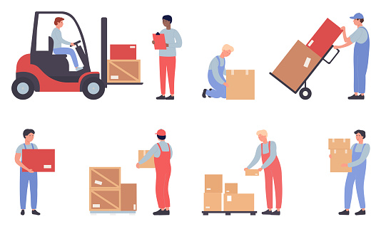 Warehouse workers doing job set. Cartoon flat worker staff people work, load packages and containers loading warehousing process isolated on white