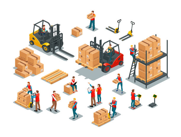 ilustrações de stock, clip art, desenhos animados e ícones de warehouse workers set - forklift