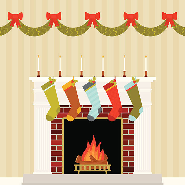 Warm and Festive Christmas Mantle A quaint fireplace mantle decorated for a family's holiday season that will be enjoyed from the comfort of their home together christmas stocking stock illustrations