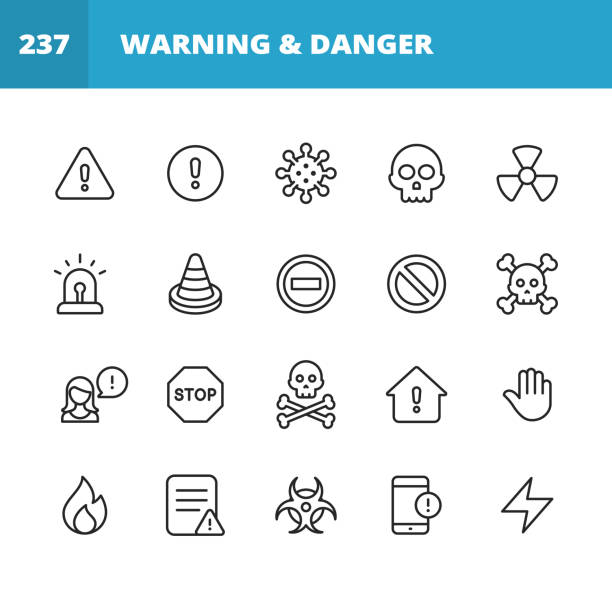 Warning and Danger Line Icons. Editable Stroke. Pixel Perfect. For Mobile and Web. Contains such icons as Warning Sign, Danger, Alert, Accident, Caution, Stop, Communication, Computer Virus, Hacker, Identity Thief, Biohazard, Protection, Error Message. 20 Warning and Danger Outline Icons. Warning Sign, Danger, Alert, Accident, Banner, Caution, Stop, Virus, Coronavirus, Cold and Flu, Scull, Email, Message, Communication, Computer Virus, Hacker, Identity Thief, Thief, Biohazard Symbol, Radioactive, Siren, Trojan Horse, Eye, Telephone, Information, Risk, Protection, Safety, Traffic, Road, Thunder, Fire, Human Hand, Error Message, Problem. stop sign stock illustrations