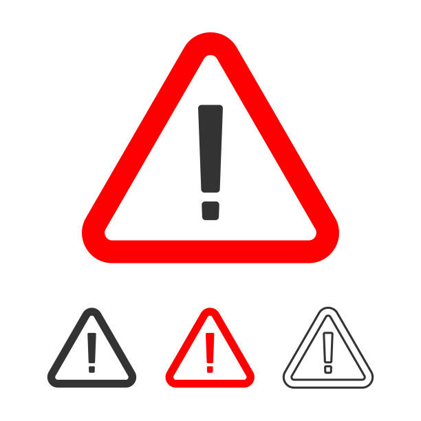 경고 아이콘, 느낌표 기호 빨간색 삼각형 플랫 디자인입니다. - 위험 요소 stock illustrations