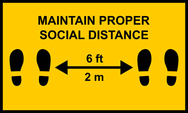 Warning sign reminding people to keep a minimum distance of six feet or two meters between them.  Social distance public health measures to prevent further spread of Covid-19 infections. Warning sign reminding people to keep a minimum distance of six feet or two meters between them.  Social distance public health measures to prevent further spread of Covid-19 infections. feet unit of measurement stock illustrations
