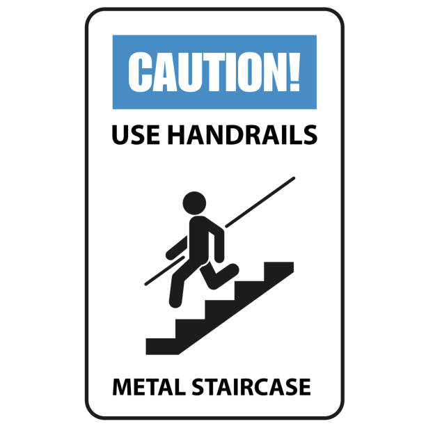 Warning sign - use handrails to avoid a fall, stairway caution Warning sign - use handrails to avoid a fall, stairway caution bannister stock illustrations