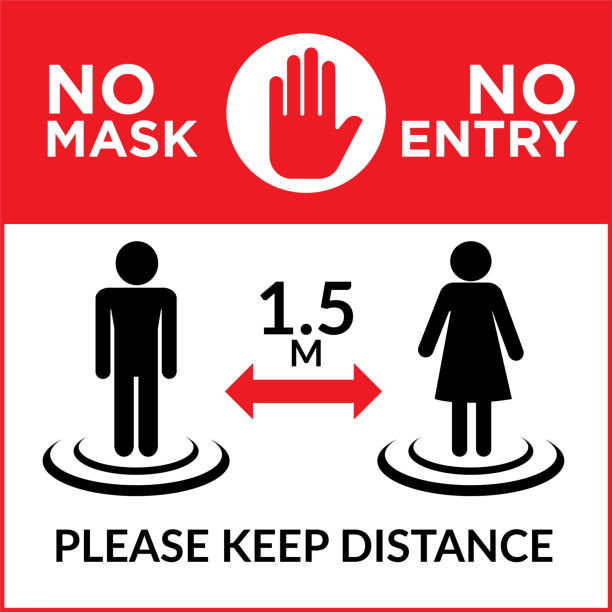 Warning sign without a face mask no entry and keep distance. Vector front door plate. Warning sign exclusion stock illustrations