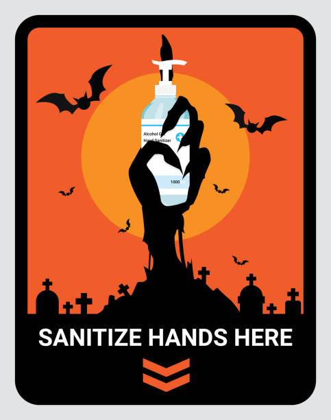 ilustrações de stock, clip art, desenhos animados e ícones de warning upon entering sanitize hand here sign to reduce spread of covid-19 coronavirus concept. design by zombie hand holding hand sanitizer. wall sticker for stores and supermarkets on halloween. vector illustration - covid cemiterio
