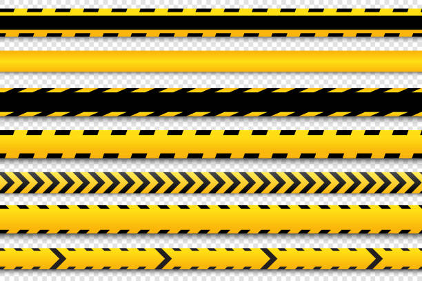 Warning yellow and black seamless tapes on transparent background. Safety fencing ribbon. Vector illustration vector art illustration