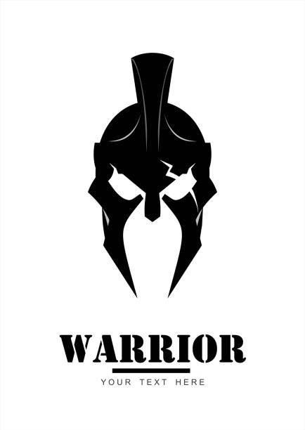 warrior logo, black sparta warrior head warrior logo, black sparta warrior head on white. warrior helmet with the crack on the eye. helmet stock illustrations