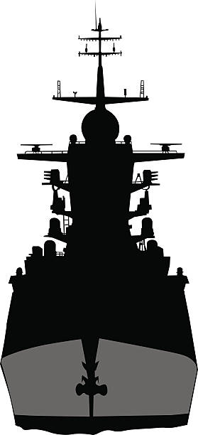 Warship on sea Silhouette of a large warship on a white background destroyer stock illustrations